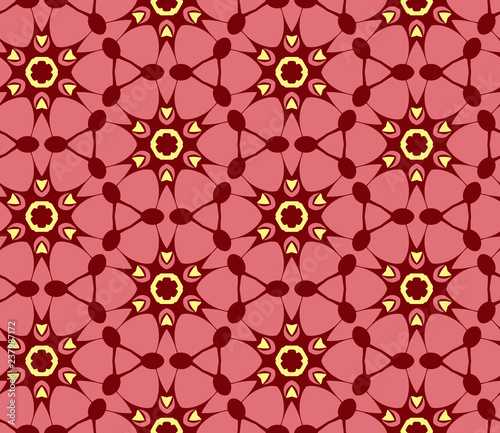 Seamless hexagonal pattern from circular abstract floral ornaments in yellow and pink colors on a dark red background. Vector illustration. Suitable for fabric, wallpaper and wrapping paper