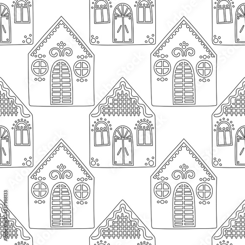 Gingerbread. Black and white illustration for coloring book or page. Christmas  holiday background.