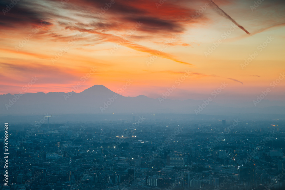 Fototapeta premium Mountain fuji and cityscape at sunset in Tokyo, Japan