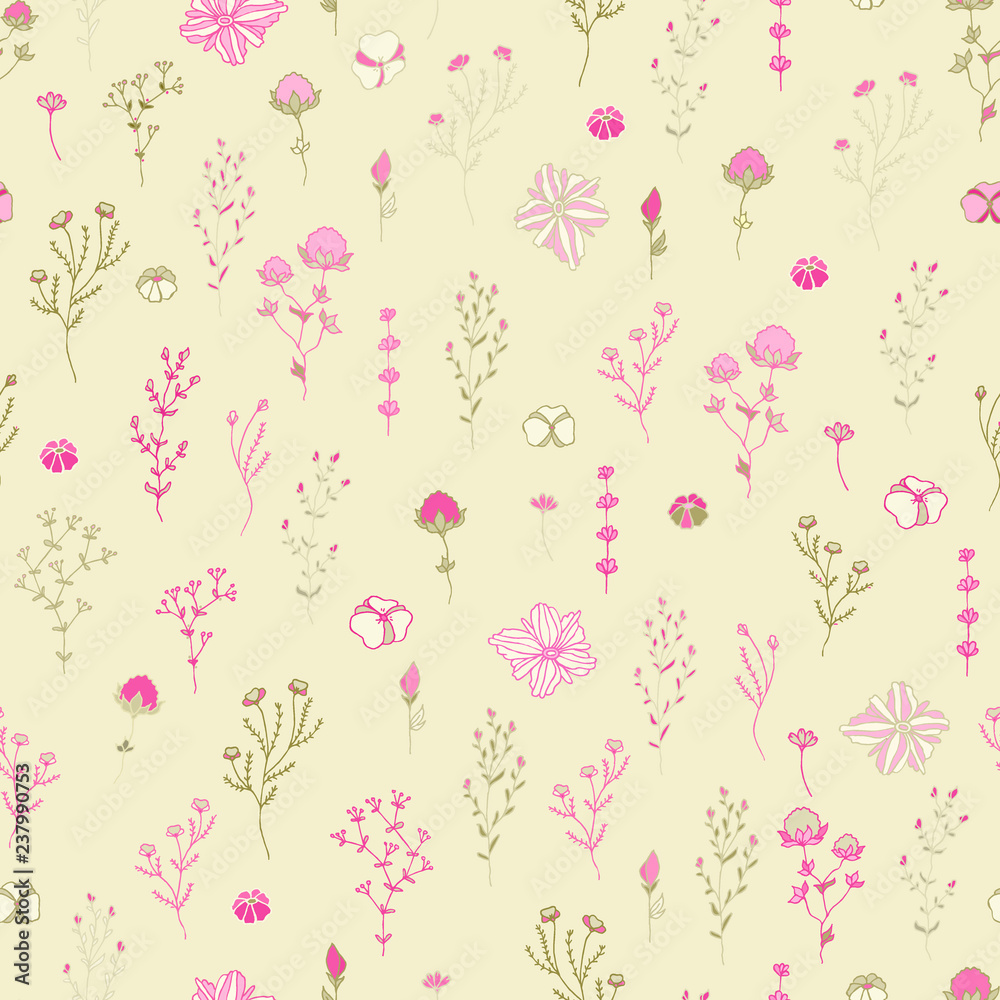 Herbs and flowers Botanical seamless pattern in sketch style