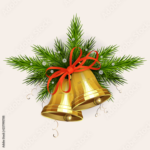 Christmas arrangement of spruce green branches with snowflakes, golden bells with a red ribbon