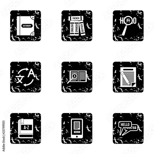 Foreign language icons set. Grunge illustration of 9 foreign language vector icons for web
