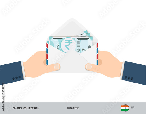 50 Indian Rupee Banknotes in envelope hold in hand. Flat style opened white envelope with cash. Salary payout or corruption concept.