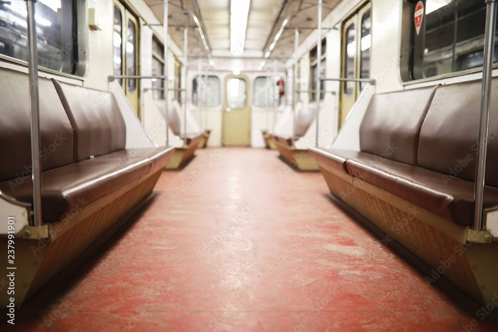 Fototapeta premium Subway car with empty seats. Empty subway.