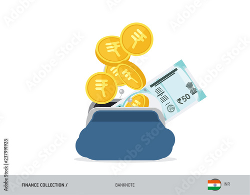 Blue opened purse with 50 Indian Rupee Banknote and coins. Flat style vector illustration. Business concept.