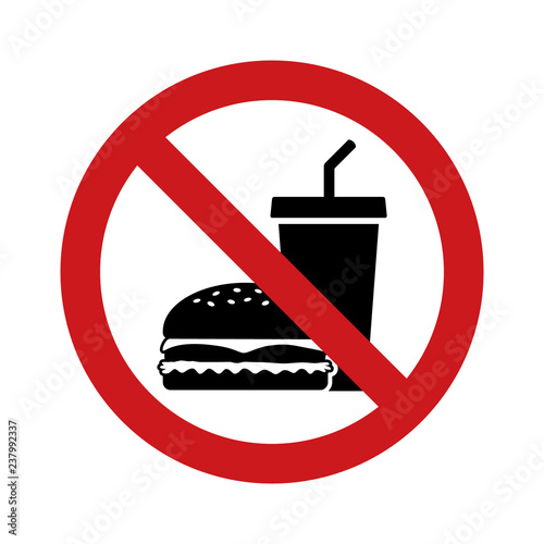 No outside fast food sign with red banned sign, hamburger and soda drink flat vector icon