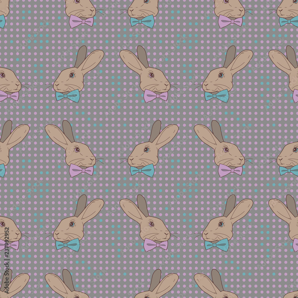 Gray, teal and purple rabbits with bowties seamless graphic illustration animal dots pattern Gray, teal and purple rabbits with bowties seamless graphic illustration animal dots pattern