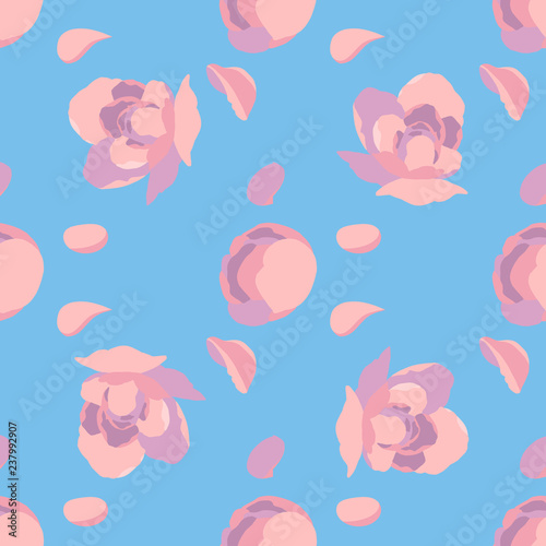 Baby blue seamless floral pattern with pink roses graphic illustration