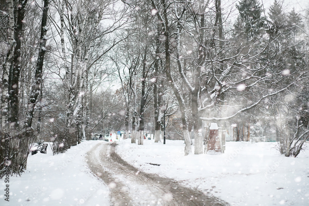Naklejka premium Winter landscape of country fields and roads
