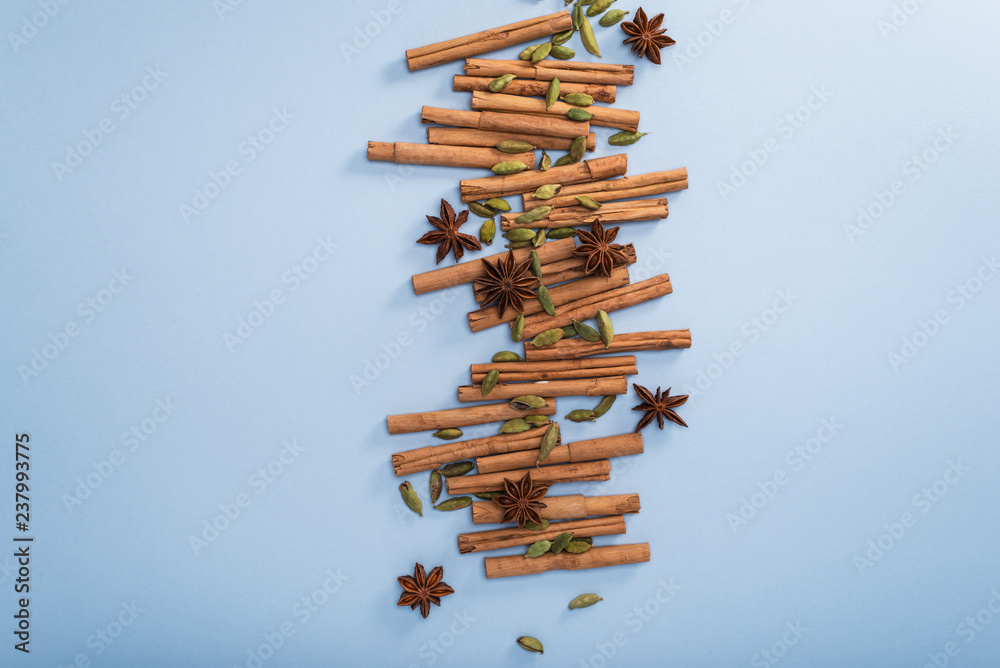 Ceylon cinnamon tree sticks, star anise, and cardamom seeds on blue background, top view