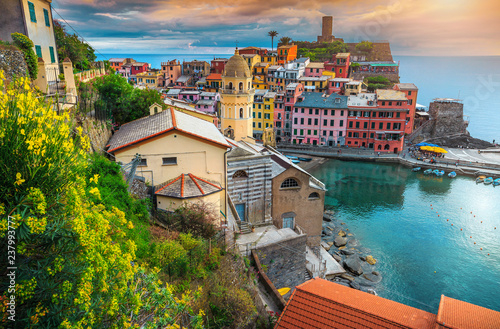 Fabulous Vernazza village and colorful sunset, Cinque Terre, Italy, Europe