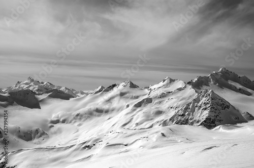 Black and white view on snowy mountain peaks