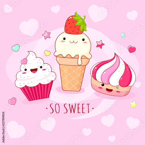 Funny background with cute sweet icons in kawaii style
