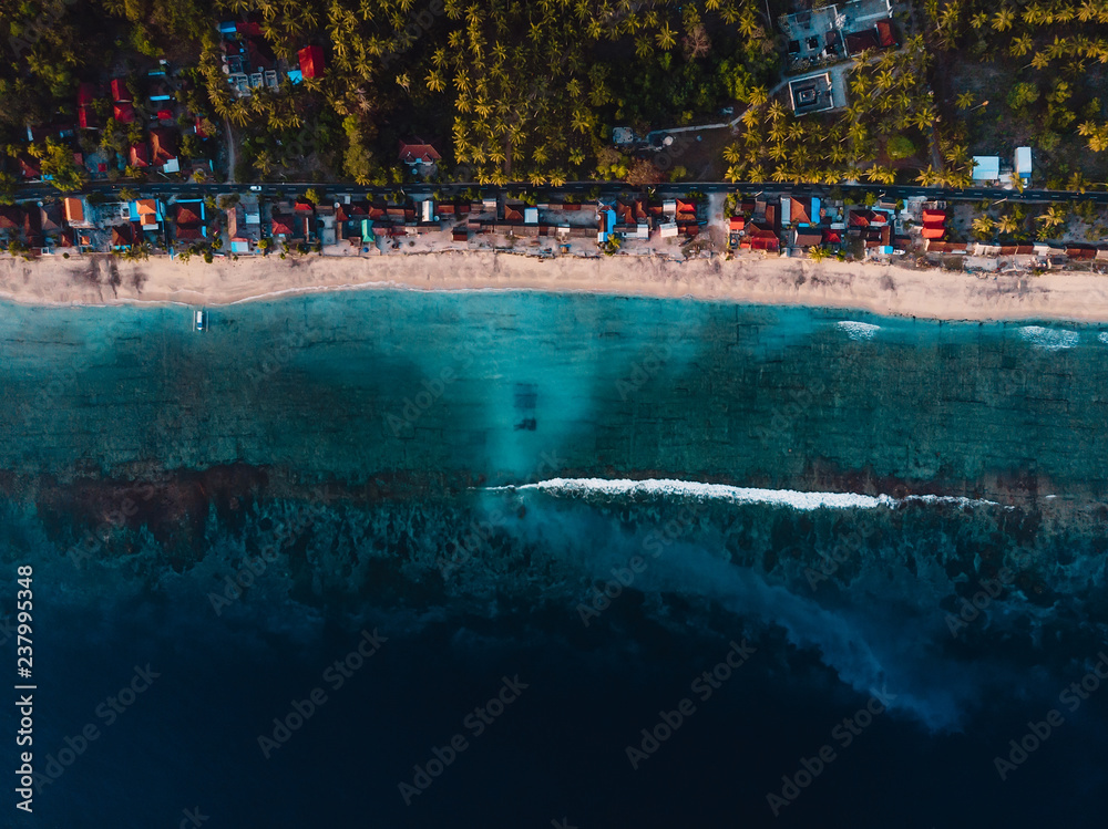 Beach, village, coconut palm plantation and crystal blue ocean in Nusa Penida. Aerial view