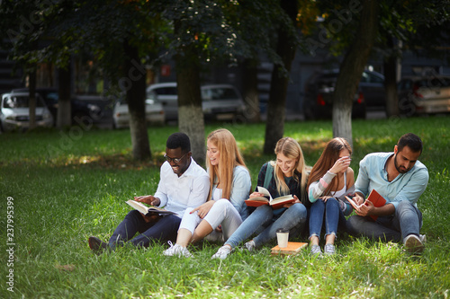 group of young students sitting together on green lawn high school university campus