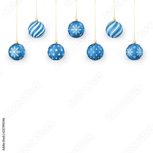 Blue Christmas balls Set. Holiday Decorative Elements. Festival Xmas balls hang on golden string. Vector illustration isolated on white background