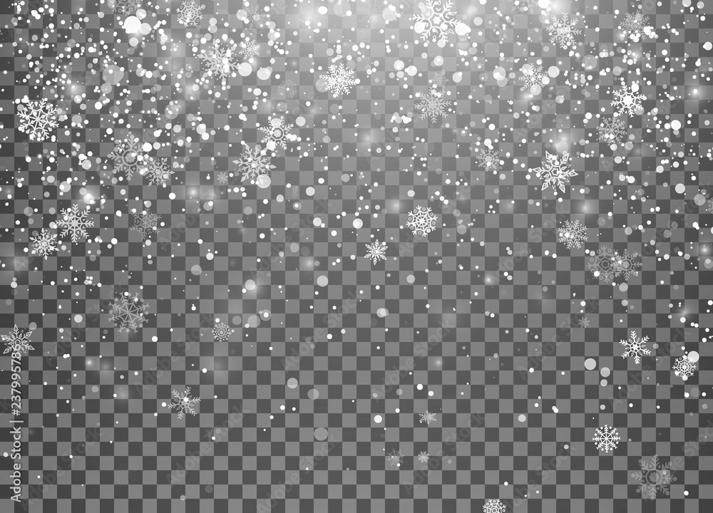 Magic holiday snowfall template. Christmas snow. Falling snowflakes on transparent background. Xmas holiday background. Vector illustration Magic holiday snowfall template. Christmas snow. Falling snowflakes on transparent background. Xmas holiday background. Vector illustration