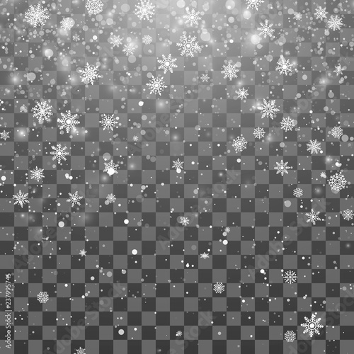 Christmas snow. Magic New Year snowfall background. Falling snowflakes on dark background. Abstract Snowfall. Vector illustration isolated on transparent background