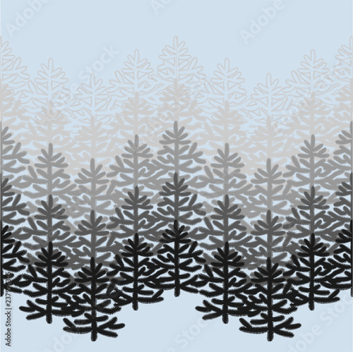 Monochrome horizontal seamless pattern with Christmas trees on blue.