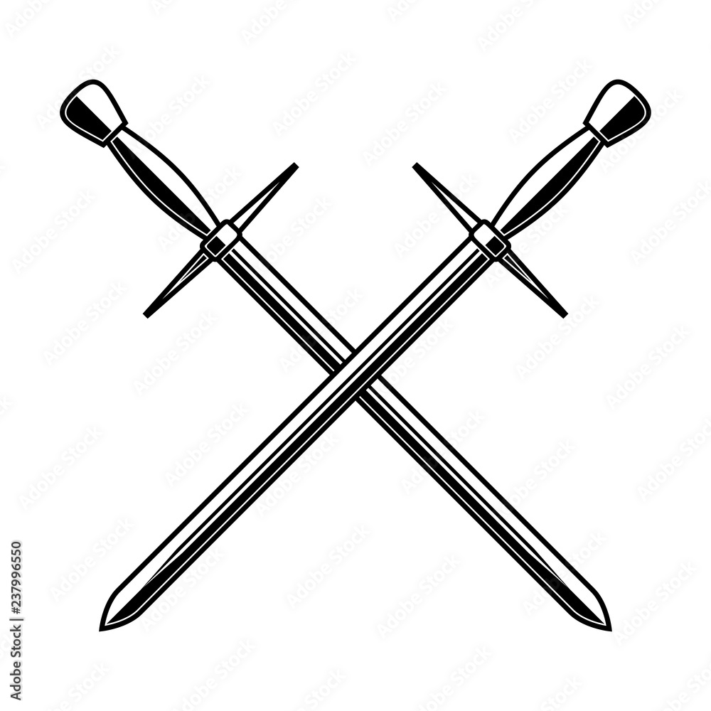 Crossed medieval swords on white background. Design element for logo, label, emblem, sign, poster, t shirt. Crossed medieval swords on white background. Design element for logo, label, emblem, sign, poster, t shirt.