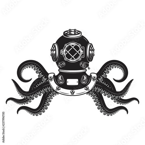 Vintage diver helmet with octopus tentacles. Design element for poster, t shirt, sign, label, logo.