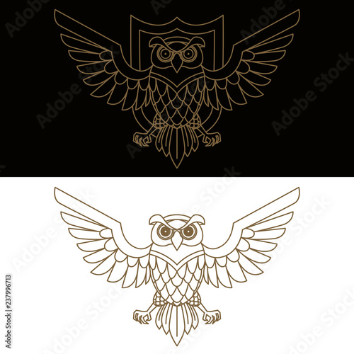 Naklejka Szablon godła z sową w złotym stylu. Elementy projektu logo, etykieta, znak, menu.