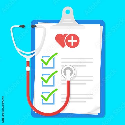 Clipboard and check marks. Flat style design vector illustration stethoscope