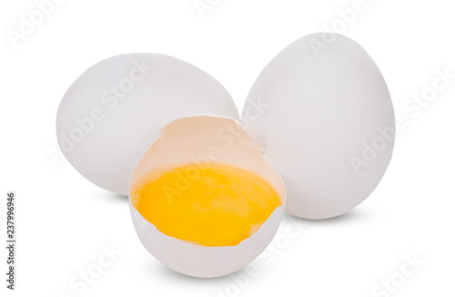 Broken and whole white eggs isolated on white background