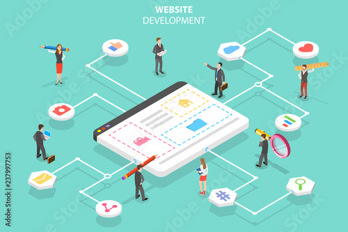 Isometric flat vector concept of web services agency, website builder, site constructor, software deveolpment.