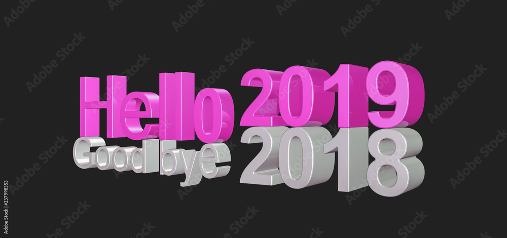 3d illustration of 2019 new year, written with Hello 2019 and goodbye 2018