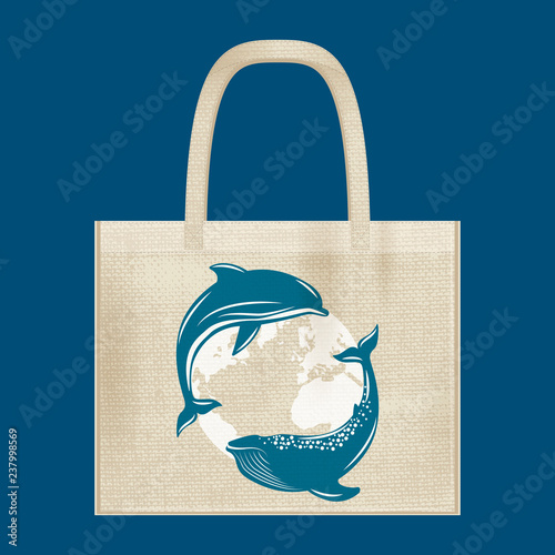 Canvas cotton textiles eco bag. Whale, dolphin, planet Earth. Natural color. Grunge burlap texture.