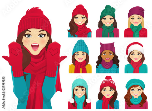 Women in autumn and winter knitted hats with warm scarfs vector illustration isolated