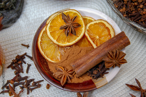 Fototapeta Naklejka Na Ścianę i Meble -  Anise stars aromatic asian spices on a rustic vintage background