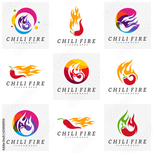 Set of Hot Chili logo design vector. Chili with fire logo concepts. Food logo template