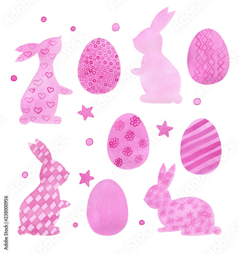 Watercolor pink hand drawn Easter bunny, stars, eggs and points with ornament. Isolated on white background