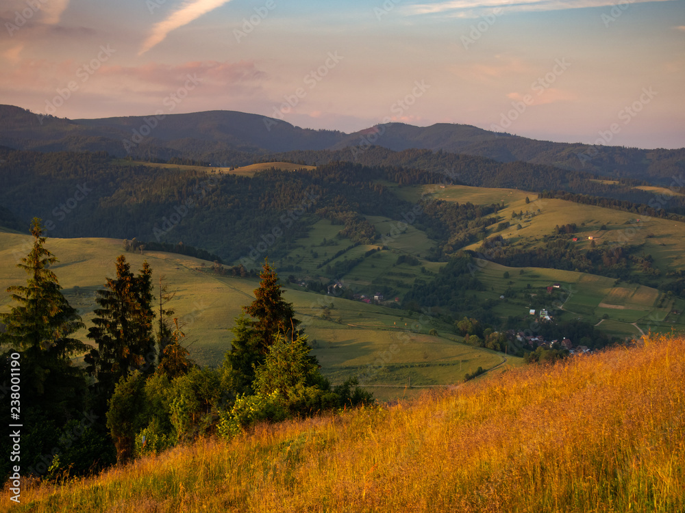 Radziejowa Range, Beskids Mountains at sunset. View from Jarmuta Mount near Szczawnica, Pieniny, Poland.
