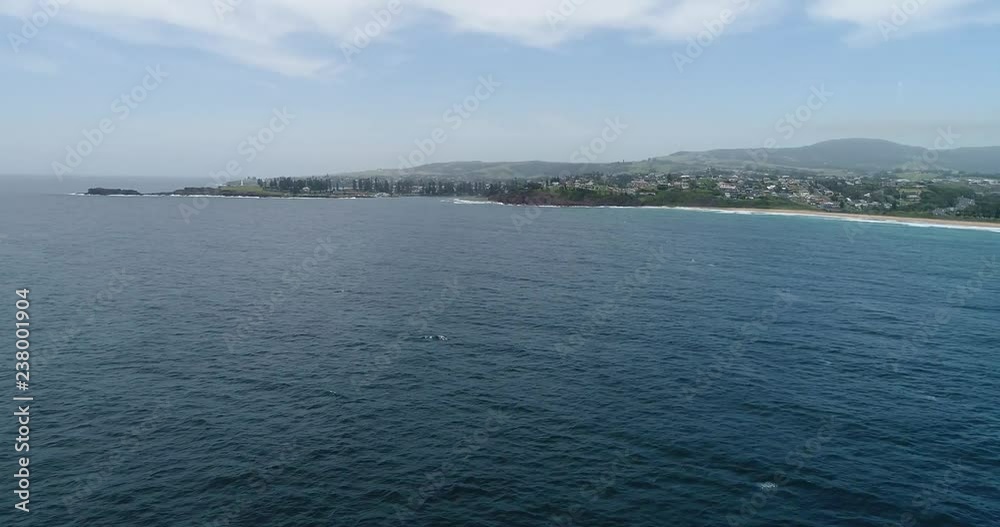 Kiama Bombo quarry and headland in aerial rotation from open sea along scenic coast around geological site.
Kiama Bombo quarry and headland in aerial rotation from open sea along scenic coast around geological site.