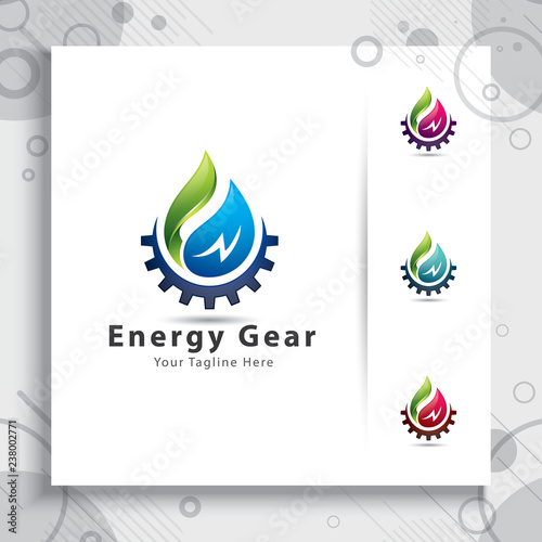 green leaf water drop vector logo design with gears cogs concept , illustration of fresh water and gear cog for energy ecology and industrial company