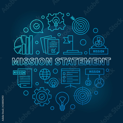 Mission Statement vector round blue outline illustration on dark background 