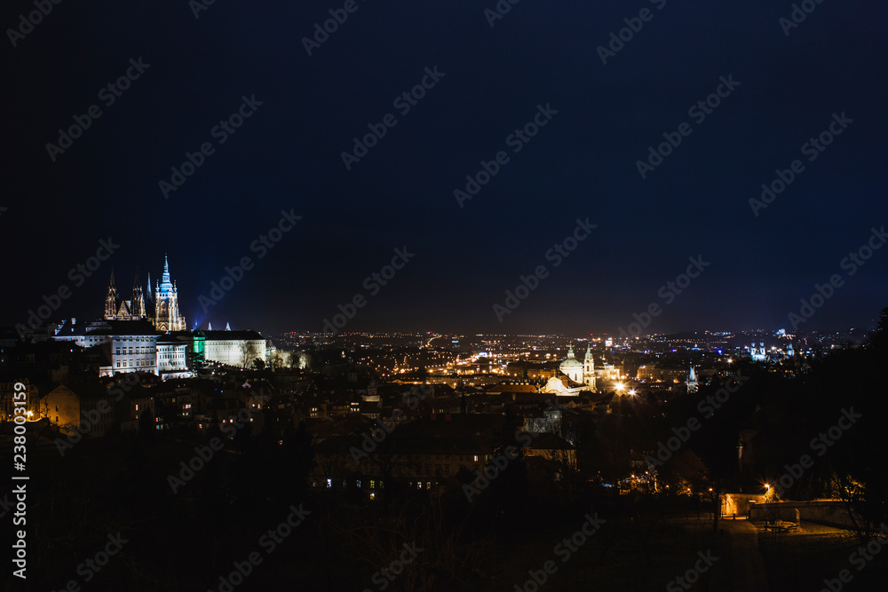 The View of Prague with beautiful gothic Castle in the Night, Czech Republic