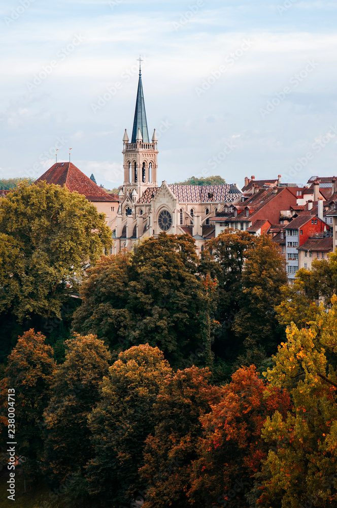 Nydeggkirche Protestant church among autumn tree Bern - Switzerland
