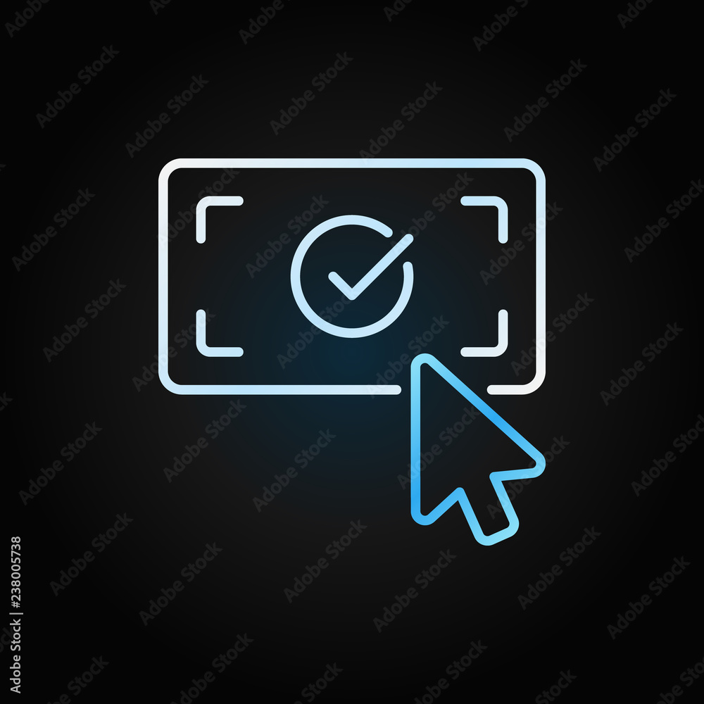 Click on check mark creative outline icon. Vector cursor on button with checkmark colored sign or logo element on dark background Click on check mark creative outline icon. Vector cursor on button with checkmark colored sign or logo element on dark background