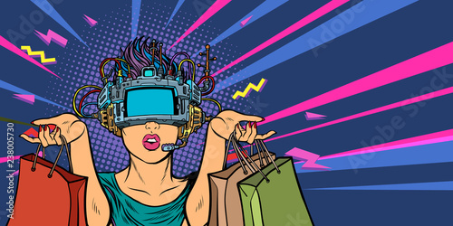 woman shopping on sale. virtual reality VR glasses
