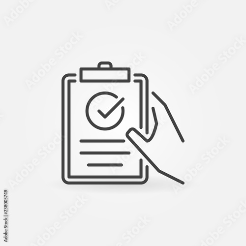Clipboard with checkmark in hand linear icon. Vector checklist concept sign or logo in thin line style 