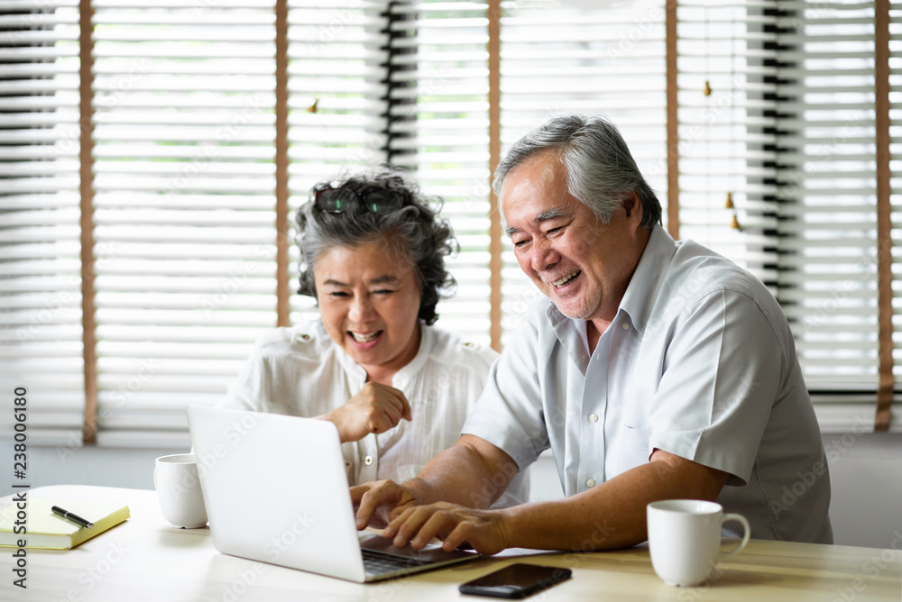 Relaxing Asian Senior Couple having fun with laptop computer. Relaxing Asian Senior Couple having fun with laptop computer.