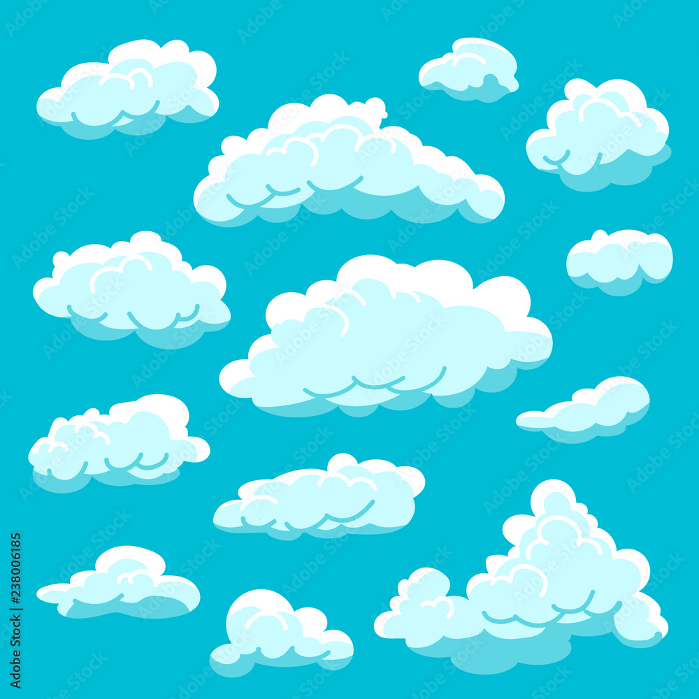 Set of different shape cartoon white clouds on blue background, cloudy sky, vector illustration Set of different shape cartoon white clouds on blue background, cloudy sky, vector illustration