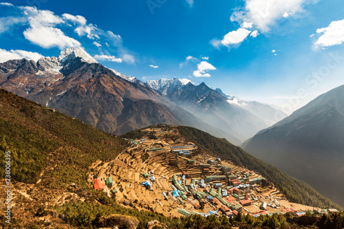 Everest Base Camp Trek. View of the Himalayan valley. The village of Namche bazar. Nepal. photo