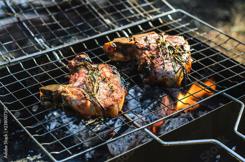 Steaks cooking on grill for summer outdoor party. Food background with barbecue party, front view