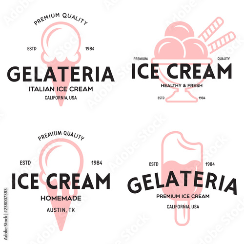 Set of vintage ice cream shop logo badges and labels, gelateria signs. Retro logotypes for cafeteria or bar.