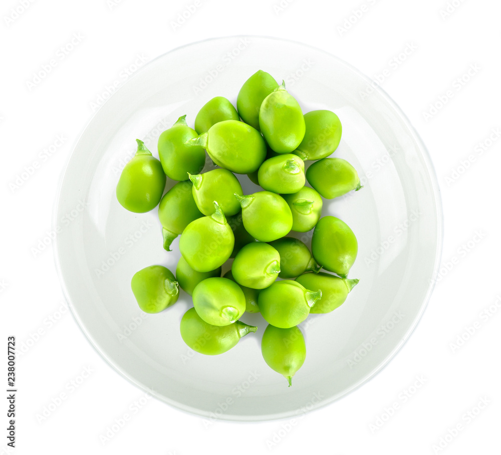 Peas green beans isolated in white plate on white background Peas green beans isolated in white plate on white background